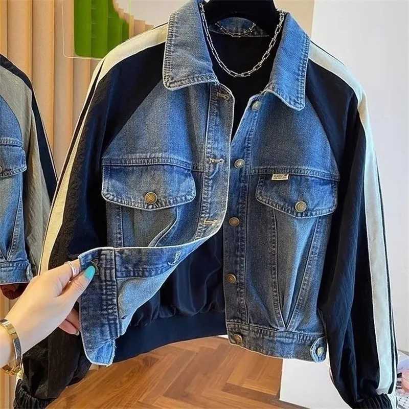 2024 Spring Autumn Short Baseball Jacket Loose Fitting Cowboy Women Outerwear European Fashion Splicing Together Denim Lady CoatX240920