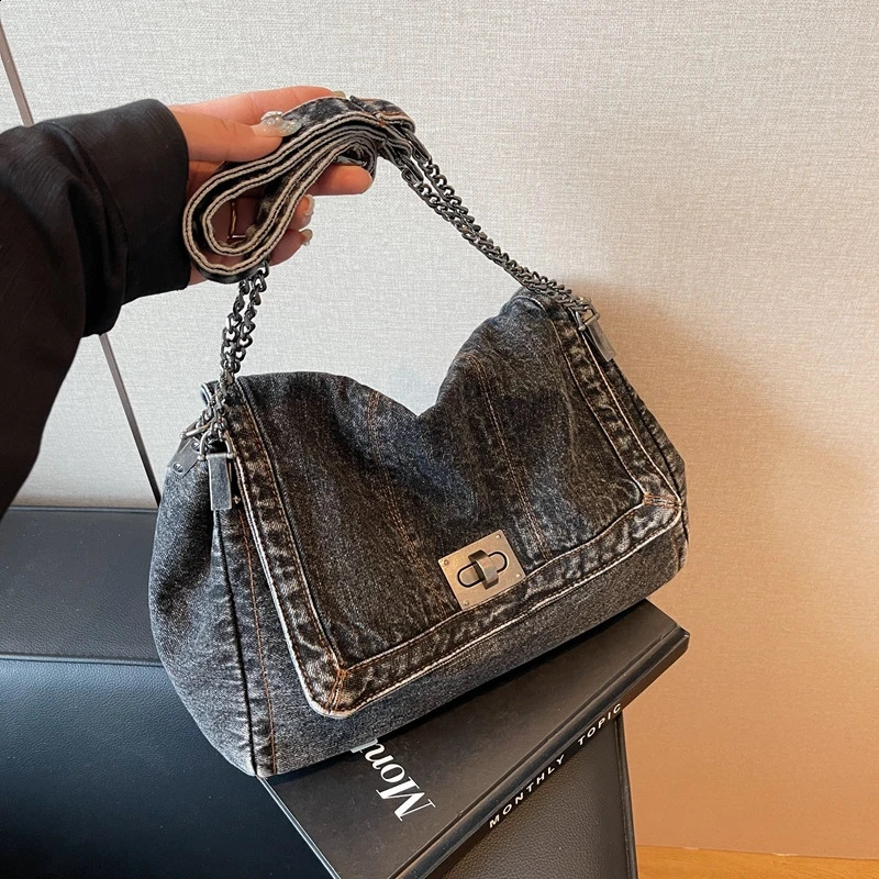 Casual large capacity retro denim womens chain shoulder bag cross body ner y handbag bolsos de mujer 240919