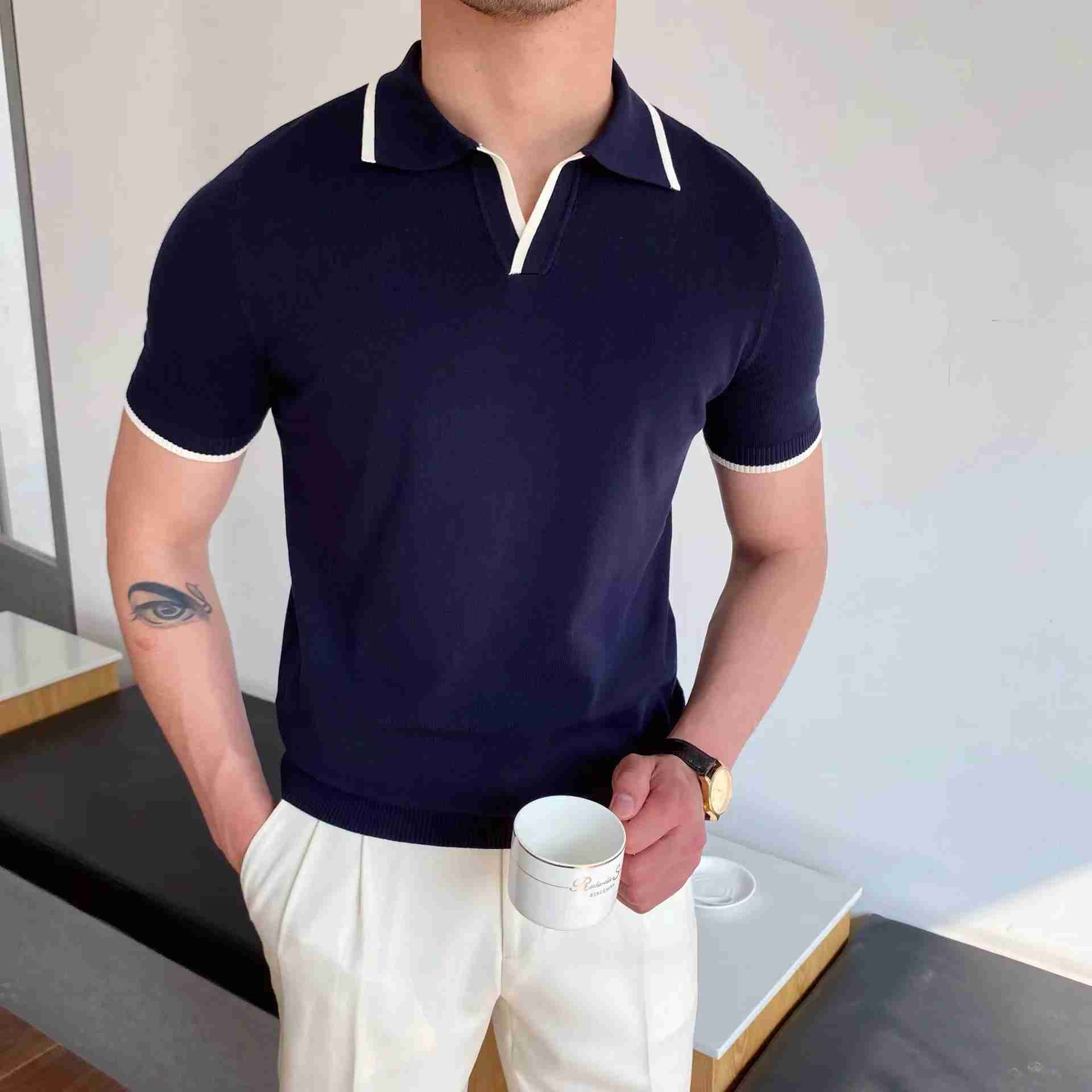 Spring Summer New Mens Knitted Polo Shirt Striped Casual Slim Tees Men Lapel Business Pullover Polo Short Sleeve Tops ClothingXJ240920