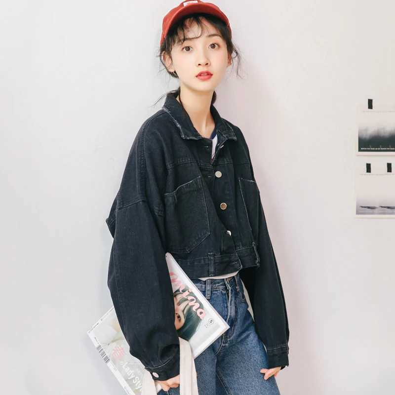 Vintage Short Black Denim Jackets Women Spring Korean Fashion Preppy Style Lace-up Jeans Coats Casual Loose Female OuterwearX240920
