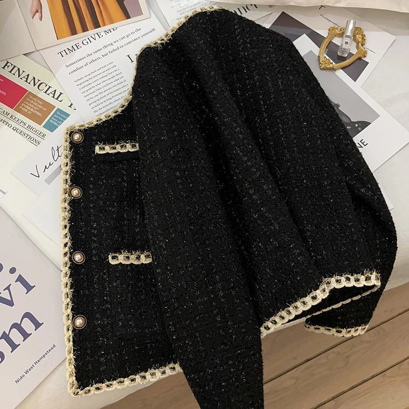 MEXZT Vintage Black Tweed Jacket Women Elegant Cropped Quilted Coat Korean Commute Blazer Winter Ladies Thicken Short Outerwear 240920