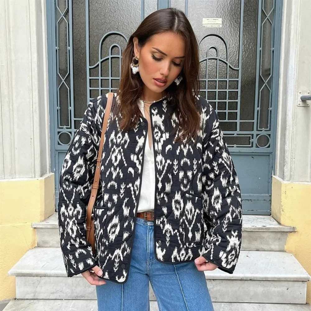 Versatile Printed Quilted Round Face Jacket Coat 2024 Spring New Womens Fashion and Elegance Streetwear OutfitsX240920