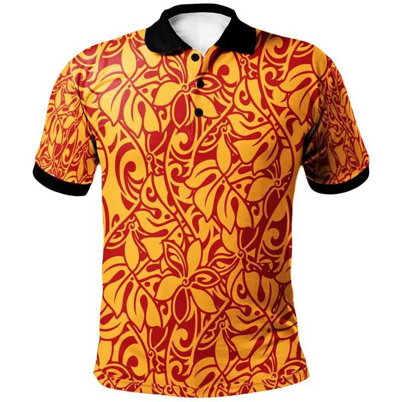 Polynesian Pattern Polo Shirt Men Hawaii Maori 3d Print Lapel Short Sleeves Loose Button Tee Shirts Casual Streetwear T-ShirtX240920