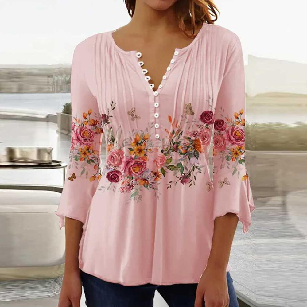 Trendy 3D Printed Shirts for Women Spring Summer 3/4 Sleeve V Neck Buttons Blouse Shirt Elegant Ladies Long Sleeve Tops M240920