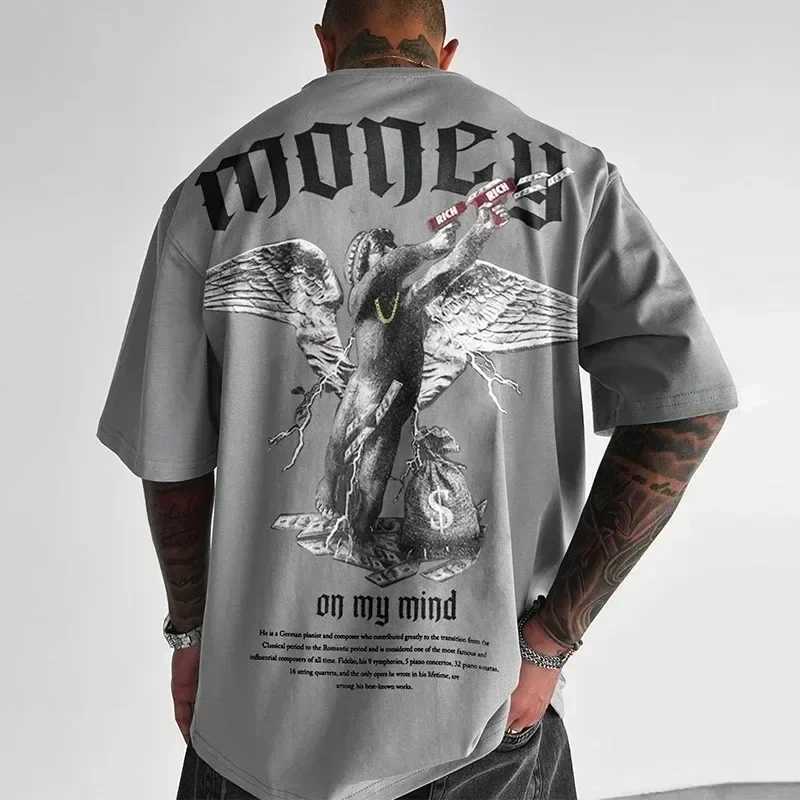 Money Angel Print mens T-shirt cotton hip-hop short sleeved O-neck T-shirt top summer fashion trend loose oversized streetwear CL240913