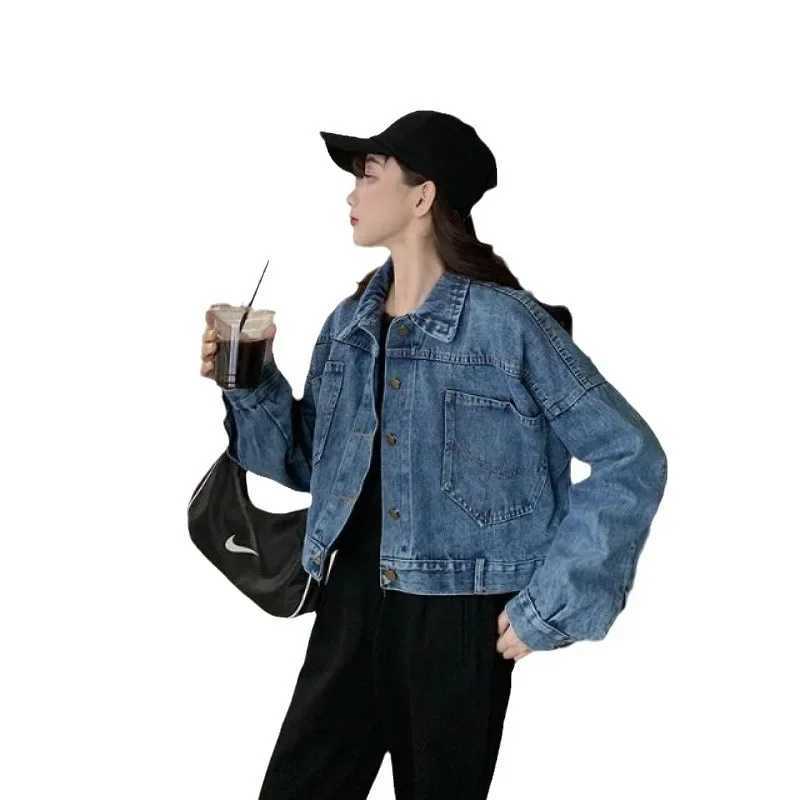 Petite Cropped Denim Jacket For Women Loose Fit Trendy 2024 Spring Autumn Side Slot Top Womens Design SensibilityX240920