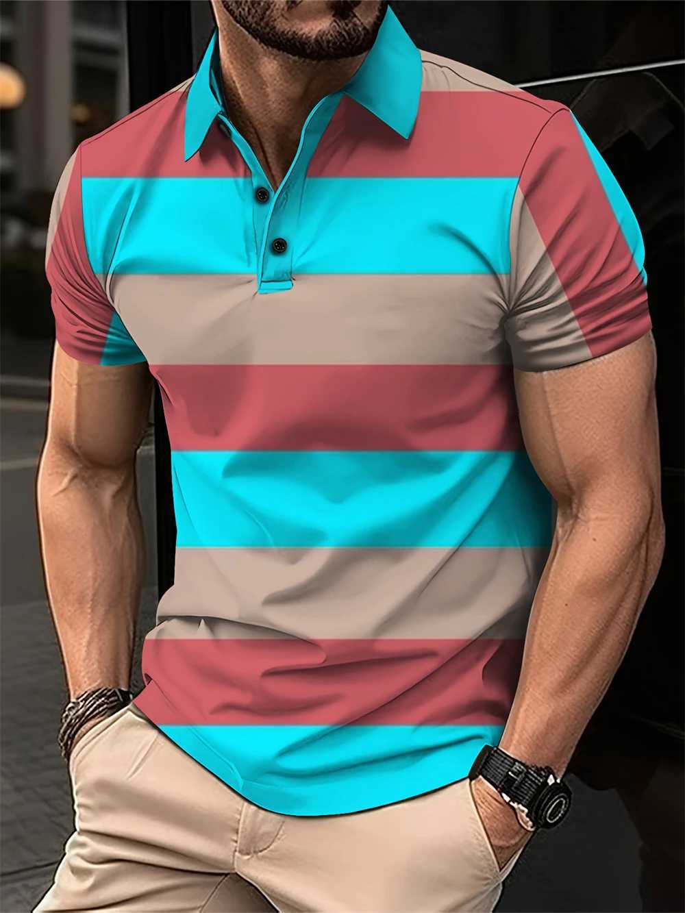 New Summer Mens Short Polo Lapel 3D Digital Printed Fashion Splice Striped Polo Shirts Mens Business Casual Tops Man ClothingX240920