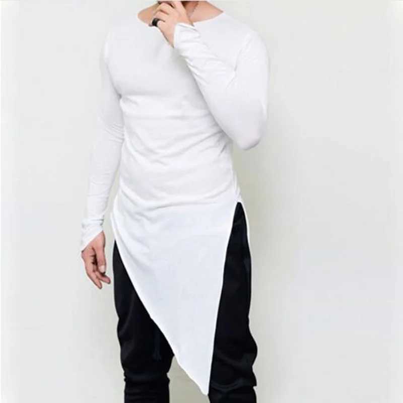Men asymmetrical design punk hip hop long sleeve t shirt side split long tee shirts mens casual vintage streetwear gothic topsX240919