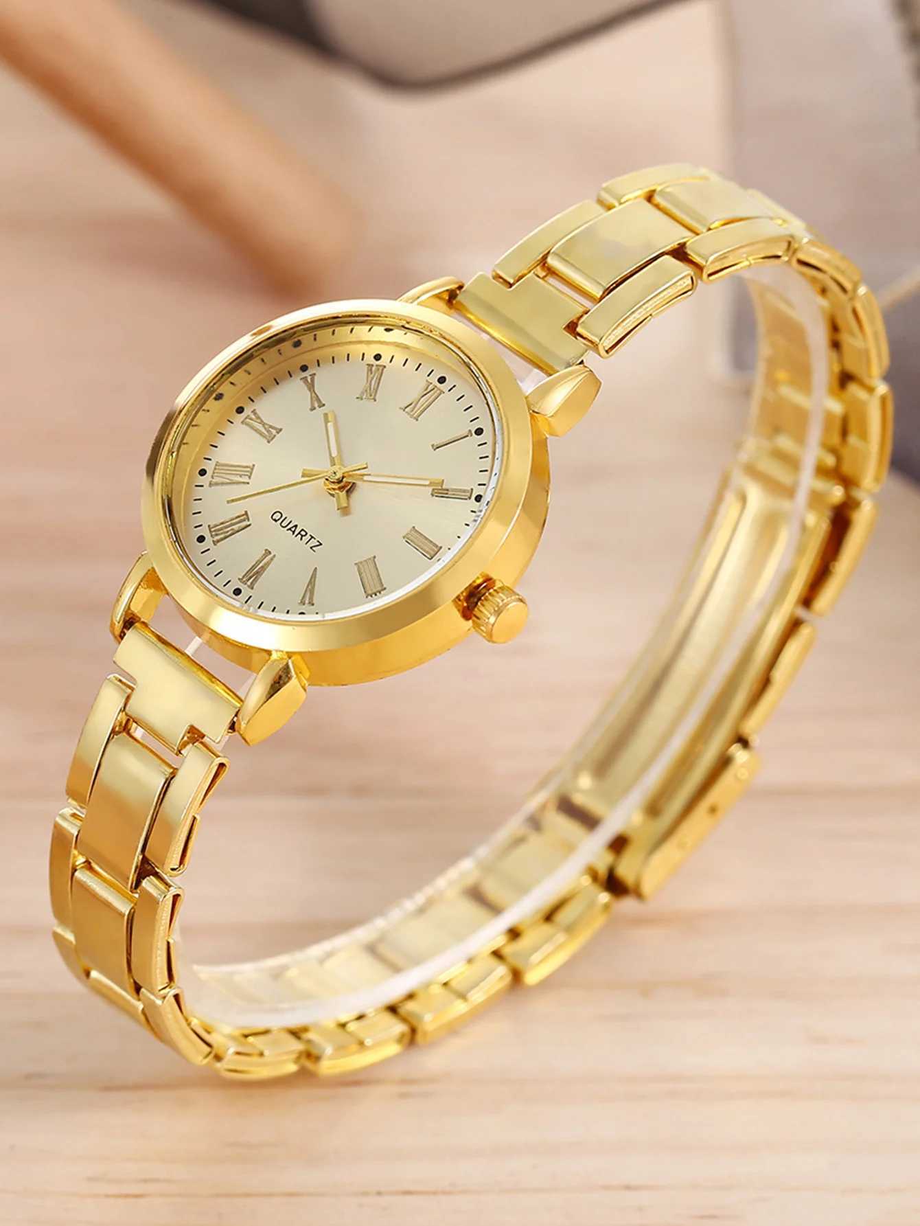 2PCS Casual fashion alloy Roman Ladies Rhinestone quartz watch with bracelet Necklace Ring earrings set the best gift itemX240920