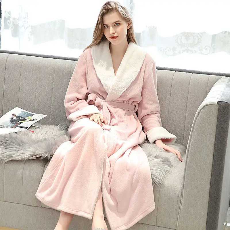 Flannel Fur Collar Mens Long Robe Sleepwear Autumn Winter Couple Bathrobe Nightwear Thick Coral Fleece Loungewear Home Clothes Y240919