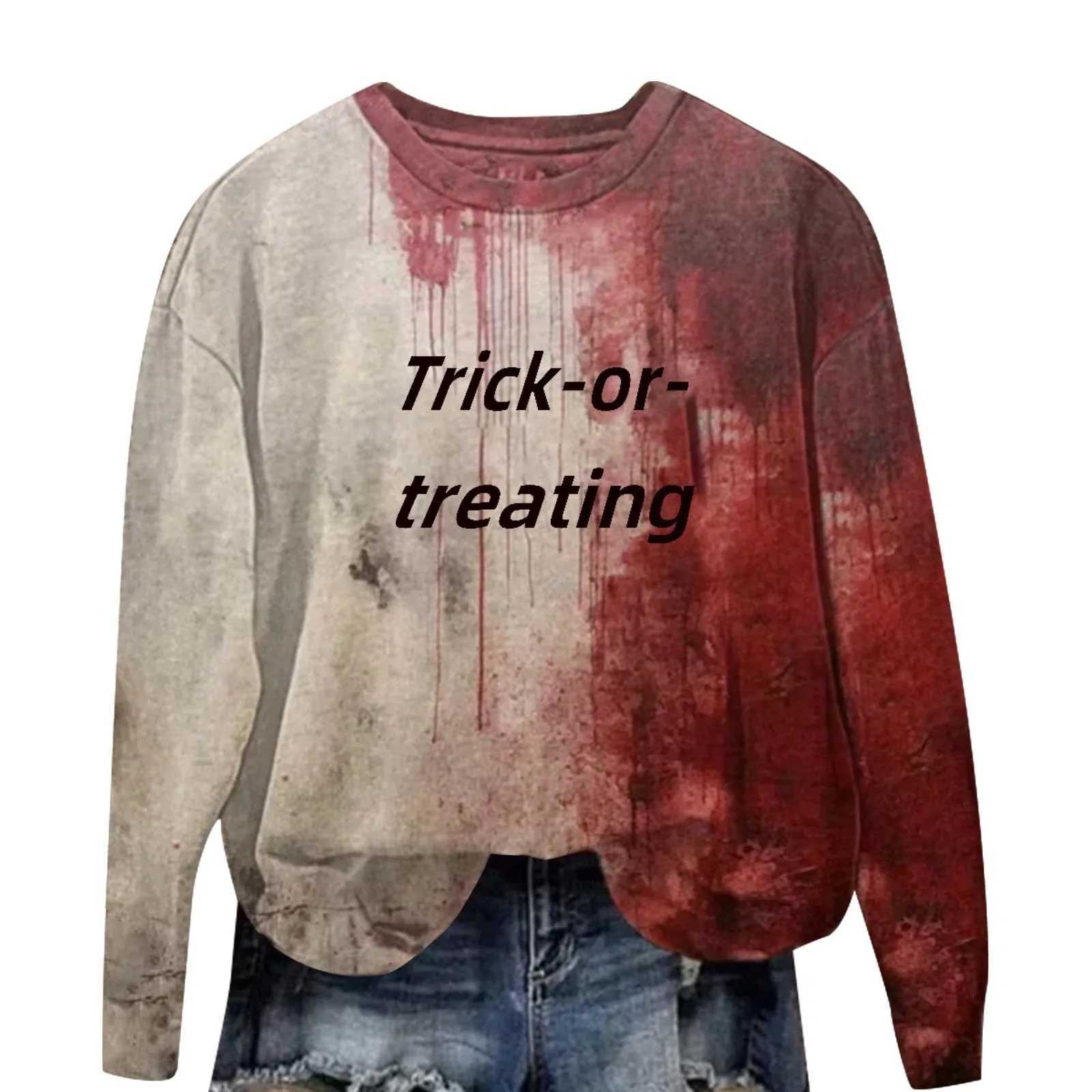 Women Halloween Horror Bloody Print Hoodies Long Sleeve Casual Sweatshirts Round Neck Workout Pullover Tops Sudaderas De Mujeres Y240920
