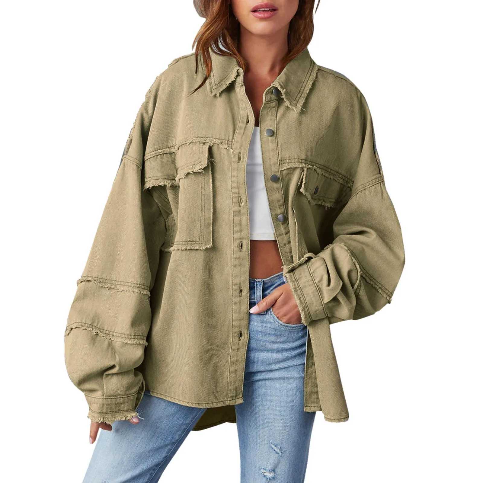 Patchwork Distressed Denim Jean Jacket WomenS Oversized Button Up Hem Shacket Long Sleeve Pockets Coats Loose Shirt CoatX240920