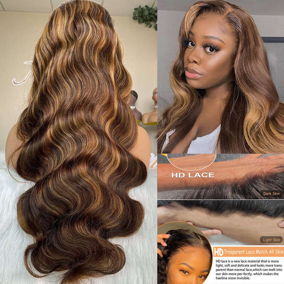 250 Density 4/27 Highlight Ombre 13x6 HD Frontal Wig Body Wave Human Hair 13x4 Lace Front Wigs 28 30 32Inch Brazilian Brown