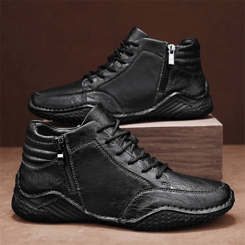 2024 designer's new men's shock-absorbing casual leather comfortable casual walking ankle boots retro style men's plush warm snow shoes