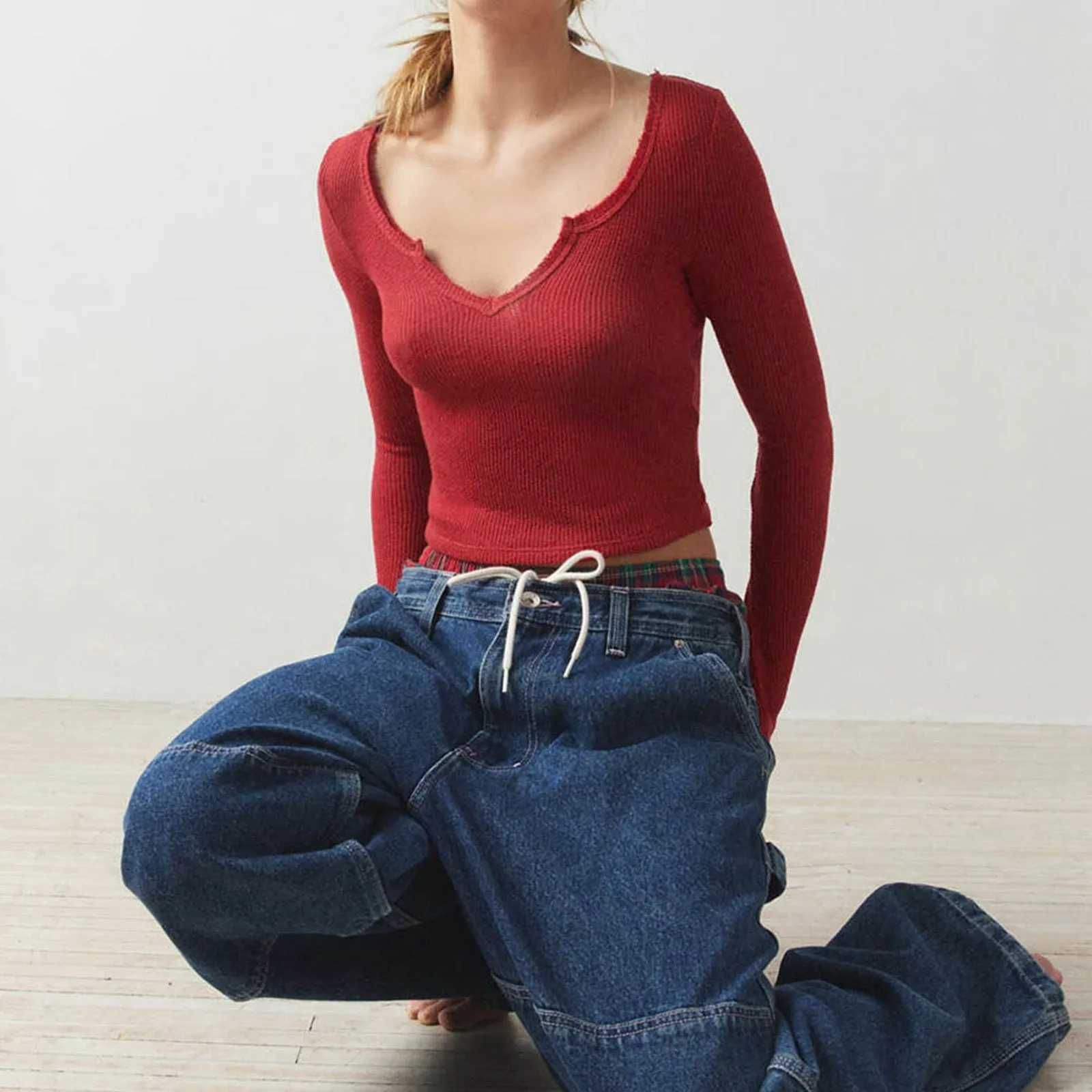 Solid Color Ribbed Slim Fit T Shirt Womens Small V Neck Y 2k Long Sleeve Tee Shirt Sexy Knitted Casual Cropped Tops Tee M240920