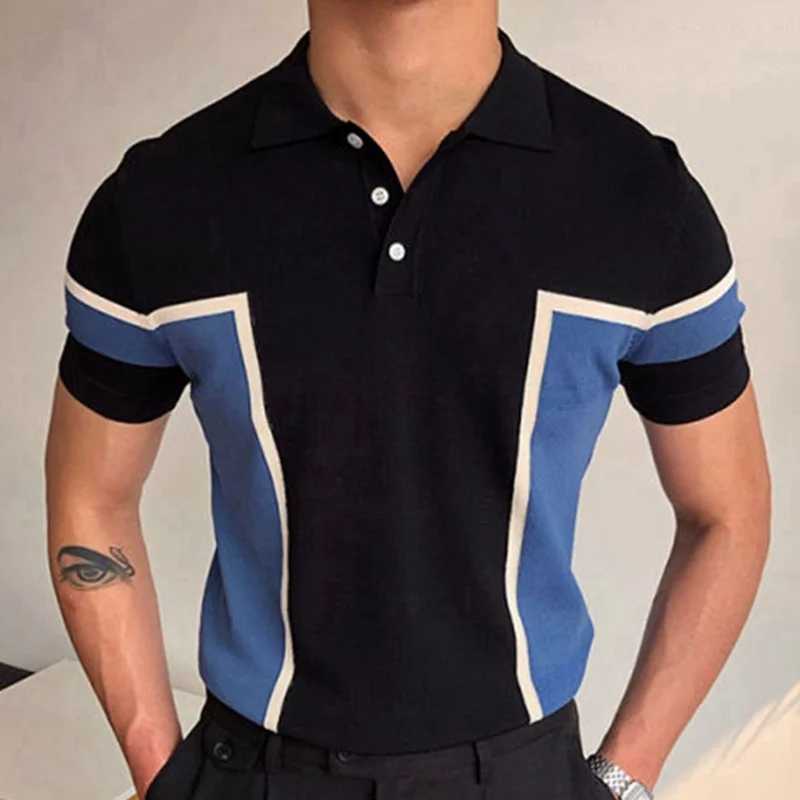 Summer Clothing Mens Luxury Knitted Short Sleeve Polo Shirt Retro Lapel Button-down Patchwork Fashion Business Leisure KnitwearXJ240920
