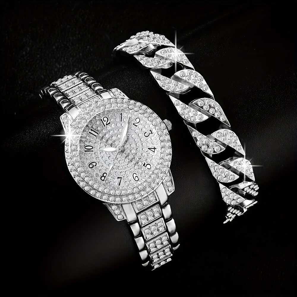 2pcs/set Womens Watch Luxury Golden Rhinestone Quartz Watch Hiphop Fashion Analog Wrist Watch Bracelet Gift For Mom HerX240920