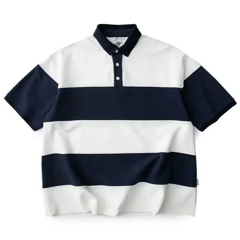 Paul Charcoal Grey Striped Polo Shirt Mens Lapel Elegant Simple Short Sleeves Vintage Color Blocking Half Sleeve Sport TopX240920