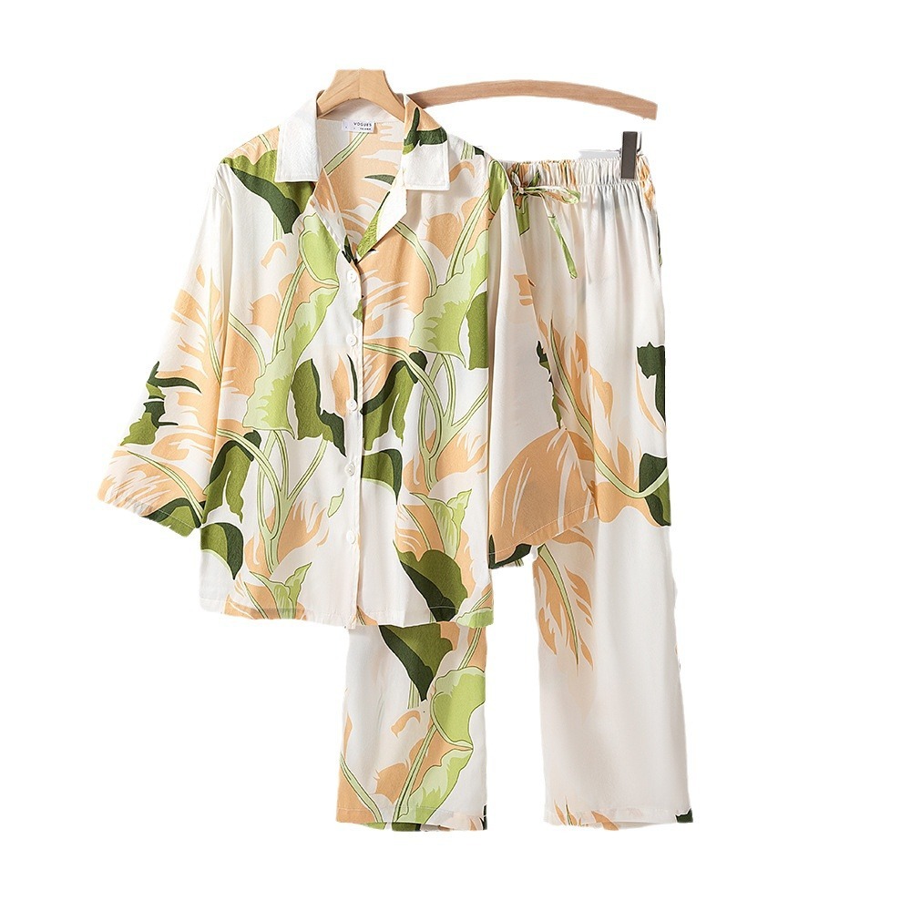 2024 Special priced silk women's sleepwear set with 7-inch sleeves 9-inch pants, thin, high-end and niche home wear