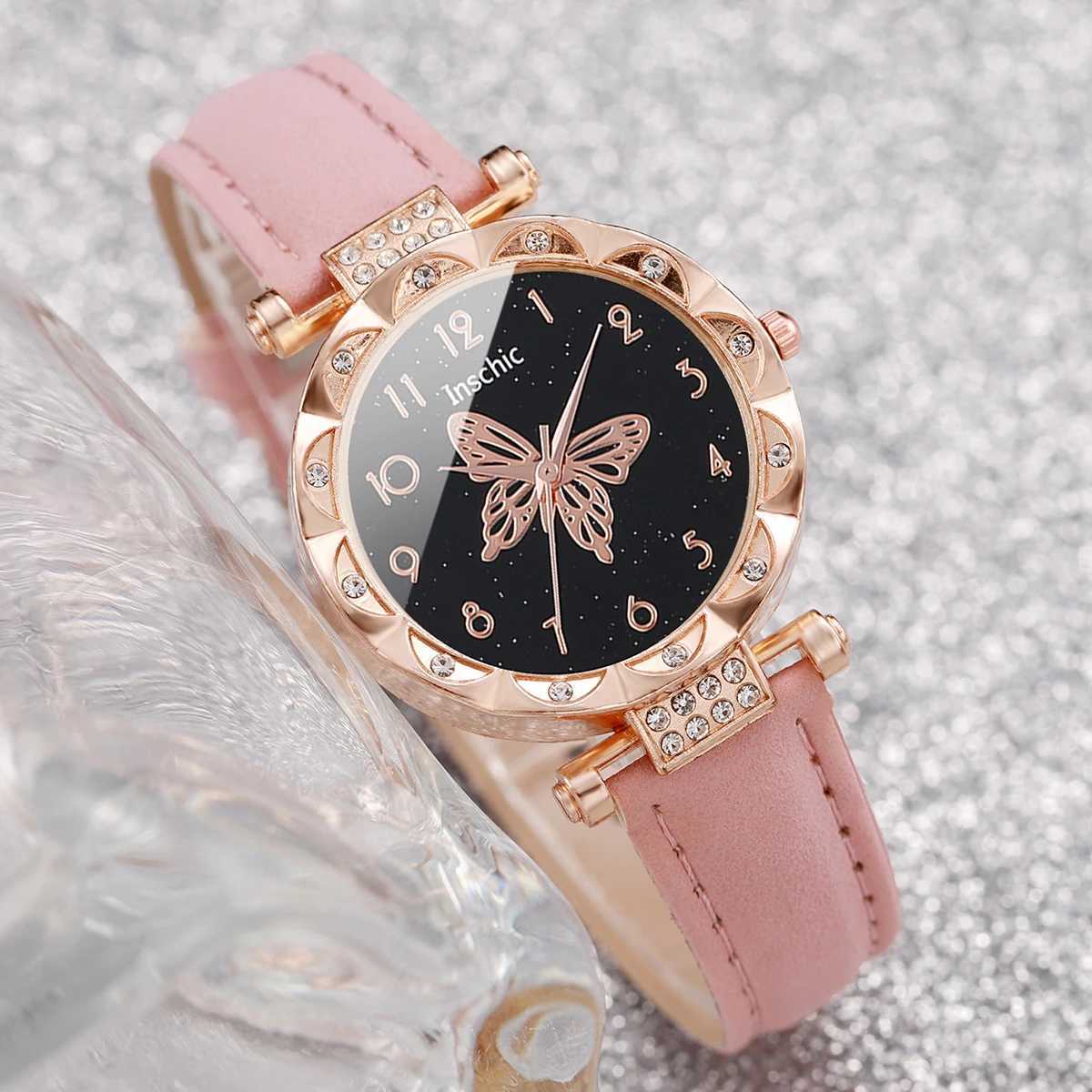 2PCs/Set Women Butterfly Dial Watch Black Pink Color Leather Strap Quartz WatchX240920