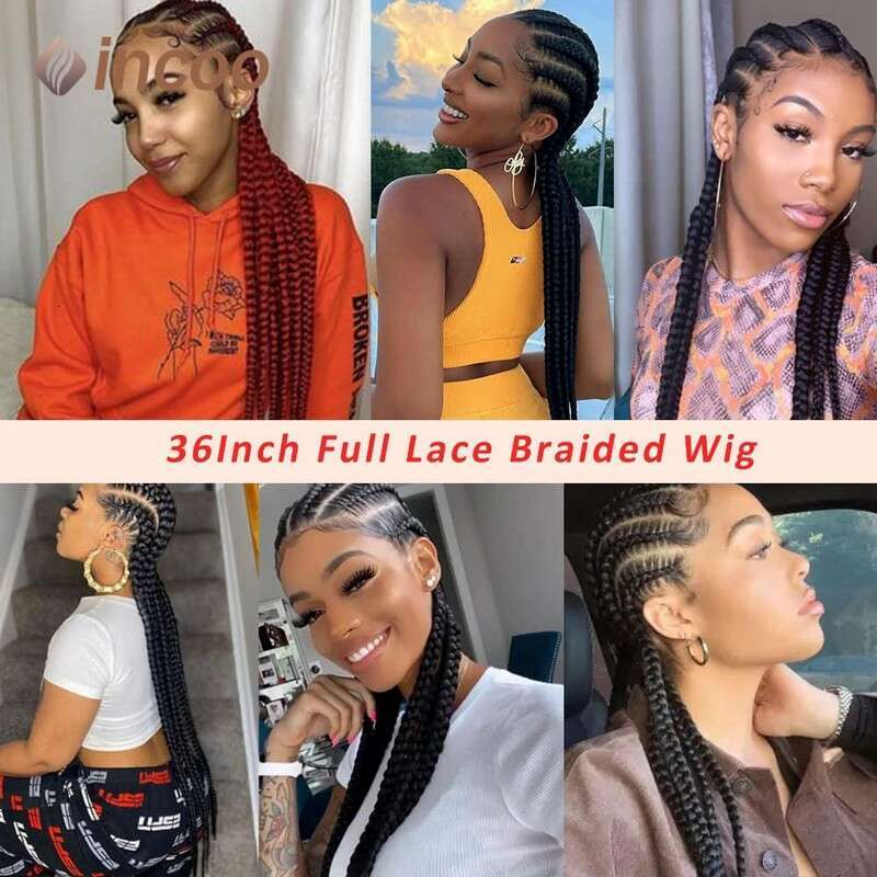 36 Inch Full Braid Colored Black Ombre Honey Blonde Cornrow Box Lace Frontal Braided Wig Synthetic Wigs For Women