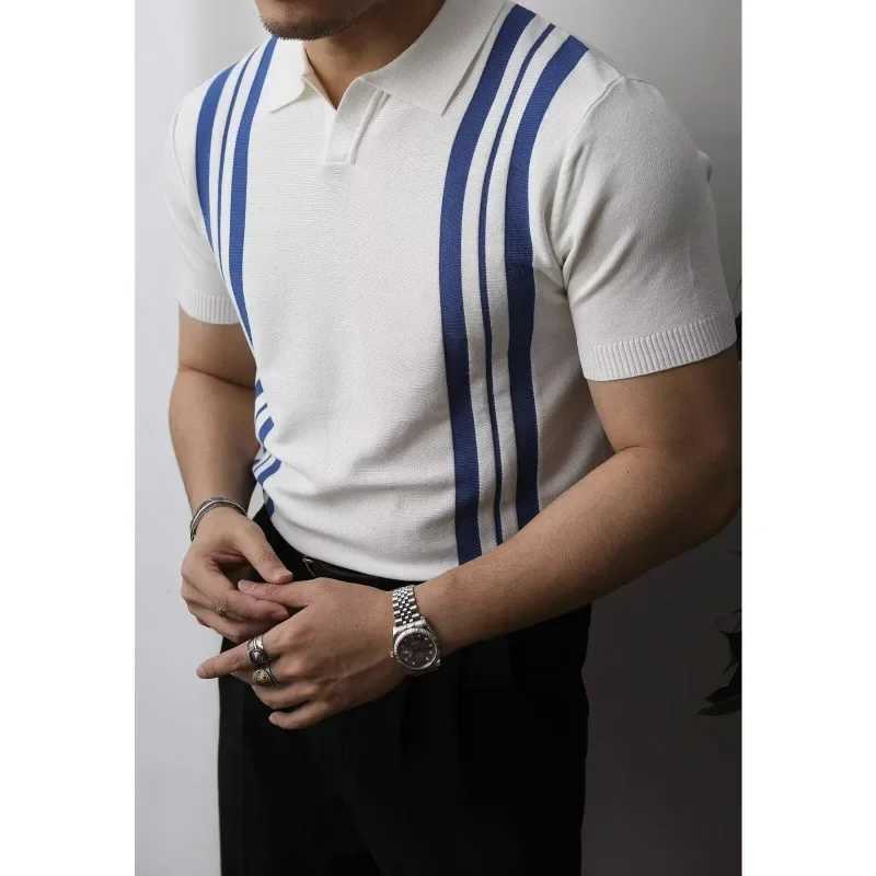 Mens Summer Polo Shirt American Style Vintage Casual T-shirt Knit Striped Color Block Short Sleeves Lifestyle ClothingX240920