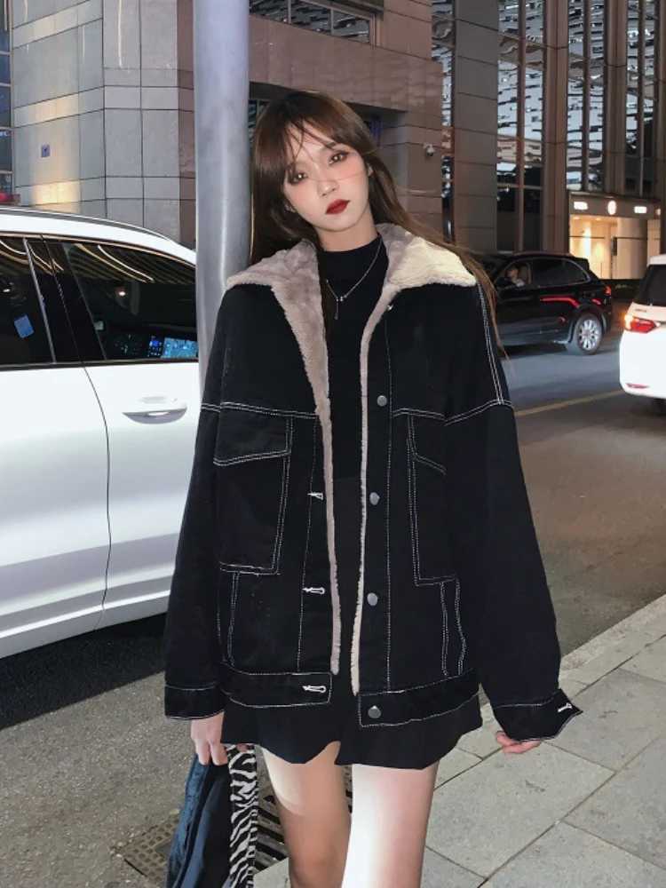 New Korean Fashion Winter Women Coat Warm 2023 Lapel Denim Thick Jacket Casual Work Clothes Cotton Padded Jackets for Women TopsX240920