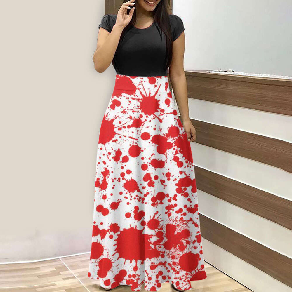 Hallowmas Halloween Gothic themed printed color blocked waist hugging holiday dress for women