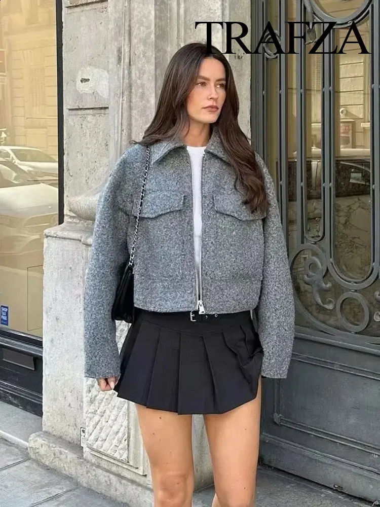 TRAFZA Autumn Grey Womens Short Coat Long Sleeve Pocket Zipper Polo Neck Jacket Womens Short Coat Y2k 240919