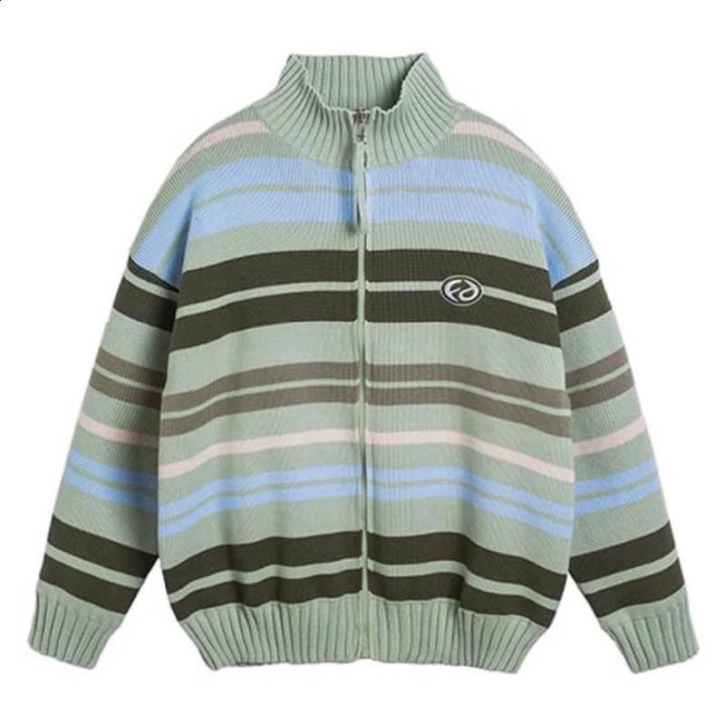 Autumn Striped Cardigan Men Harajuku Zipper Stand Neck Casual Sweaters Fashionable Korean Loose Jumpers Spring Couple Streetwear 240919