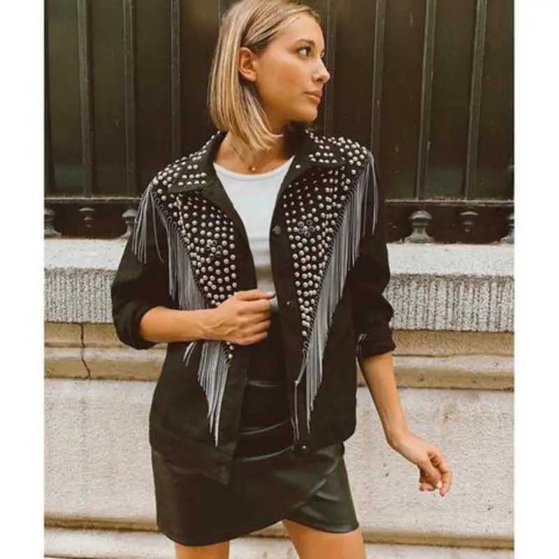 TEELYNN Boho Black Denim jacket For Women Coats Long Sleeve Autumn Loose fringe Jean Jackets 2021 Beaded rivets Casual OutwearX240920