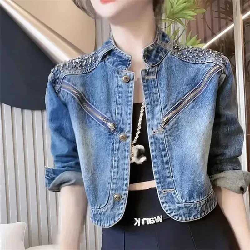 Short Cowgirl Coat Diamond-Encrusted 2024 Women New Denim Jackets Outwear Fashion Spring Autumn Zipper Denim Jacket Female CoatsX240920
