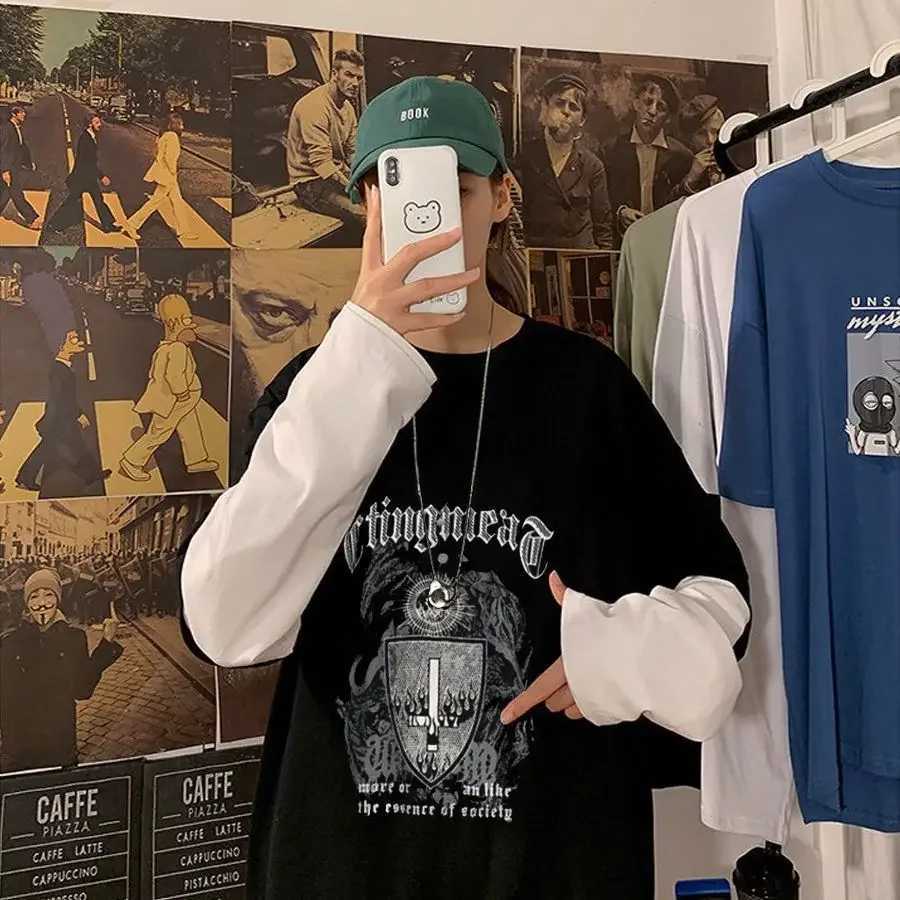 T shirt for men Anime Dark Cross Print Long Sleeve Tee men Autumn Vintage Y2k Streetwear Graphic Tshirts High Street Tee Men TopX240919
