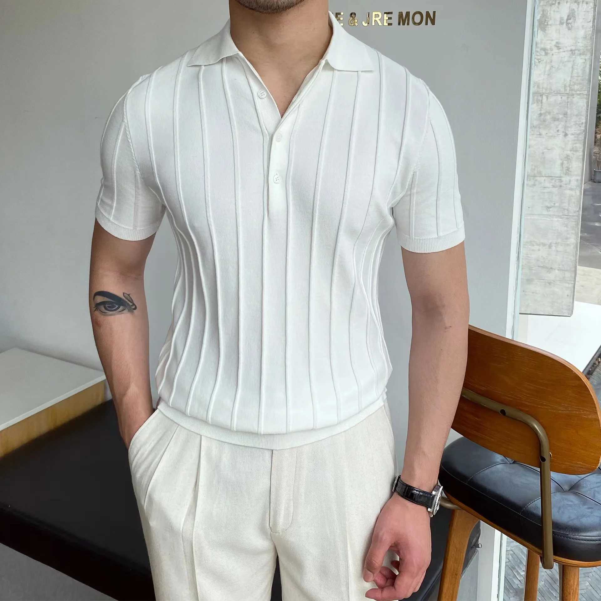Spring Summer New Mens Knitted Polo Shirt Striped Casual Slim Tees Men Lapel Business Pullover Polo Short Sleeve Tops ClothingX240920