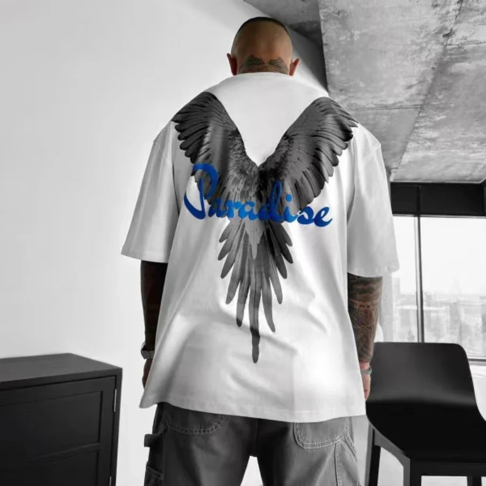 Summer Hot Selg Trendy Men's Loose Fitting T-shirt Money Angel Print Short Sleeved Muscular Round Neck Pure Cotton Top