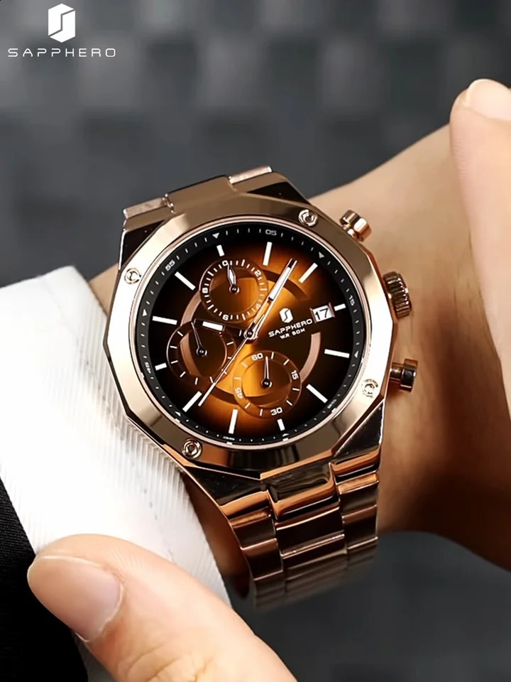 SAPPHERO Rose gold Chronograph Mens Watch Stainless Steel Quartz Watch Business Waterproof Luminous Calendar Wristwatch 240909