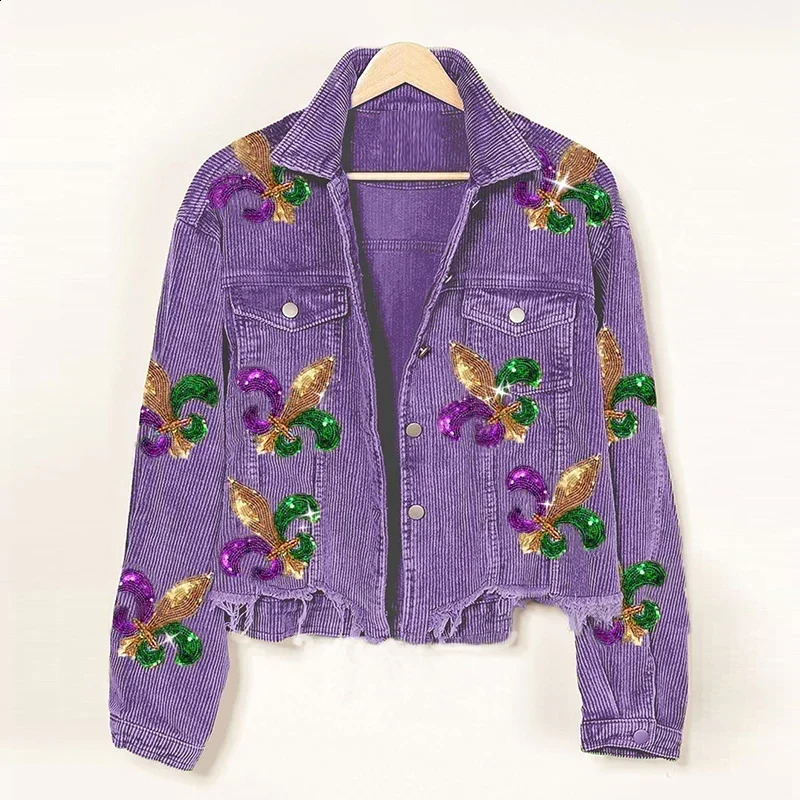 Floral Corduroy Coat Women Mardi Gras Spring Autumn Ropa Cardigan Sequin Punk Gothic Bomber Jacket Windbreaker Y2k Jackets 240920