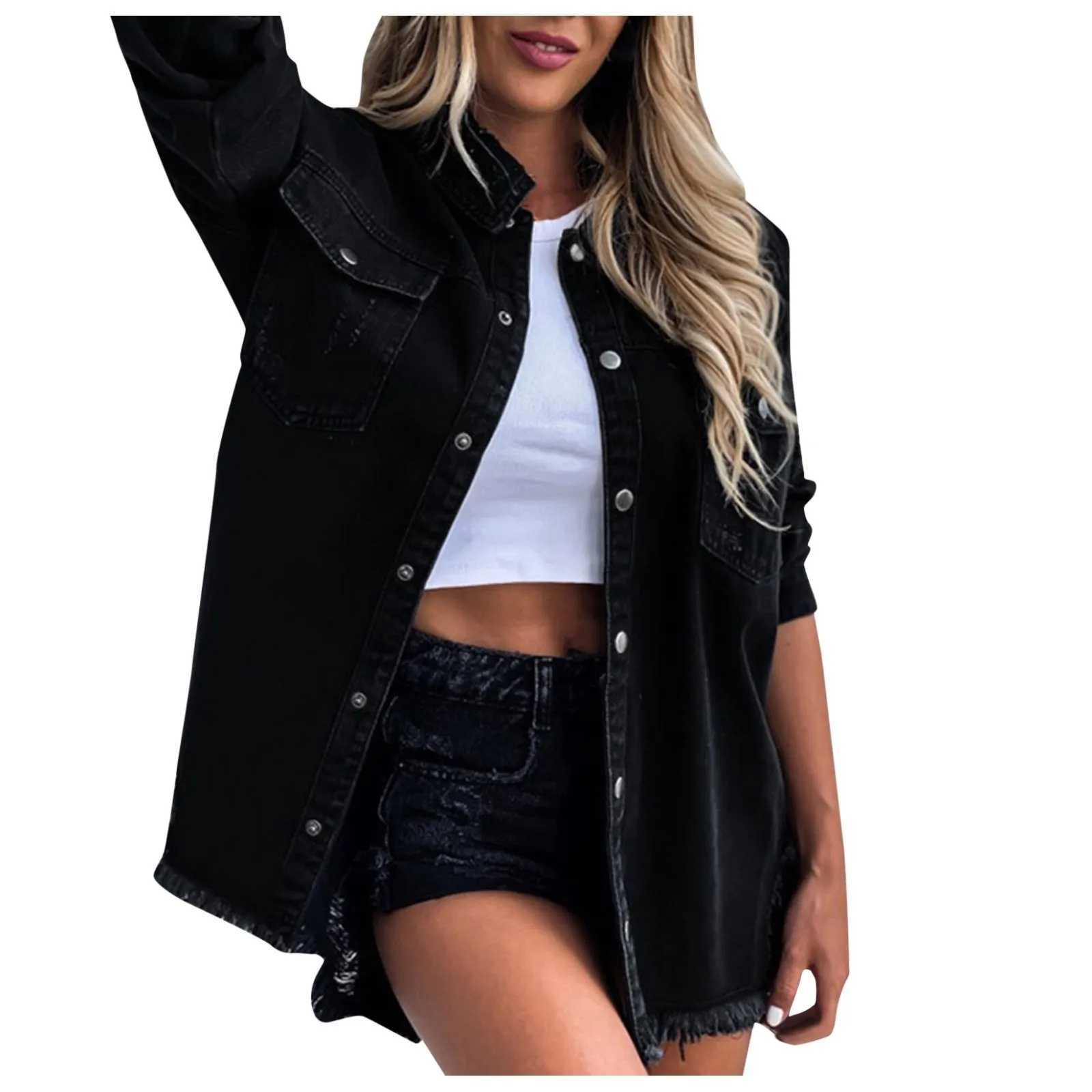 Distressed Ripped Denim Jacket For Women Autumn Large Size Fashion Mid Length Vintage Washed Hole Ripped Long Sleeve Jean CoatX240920