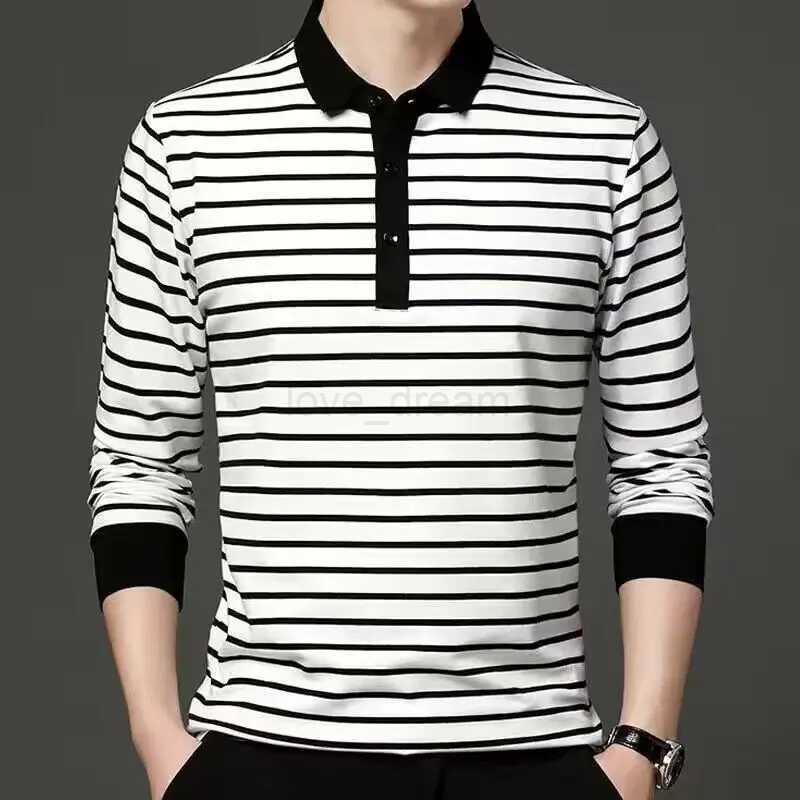 Spring and Autumn New Mens Long Sleeve T-shirt with Polo Collar Black and White Stripes Top Youth Casual Male Comfortable ShirtXJ240920
