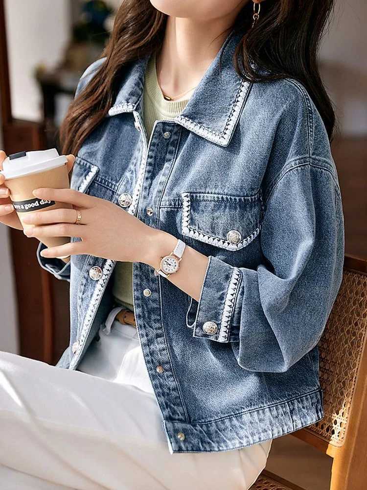 Women Vintage Lapel Loose Denim Jackets Korean Fashion Long Sleeve Jean Coats Spring Fall Casual Single Breasted Abrigos TopsX240920
