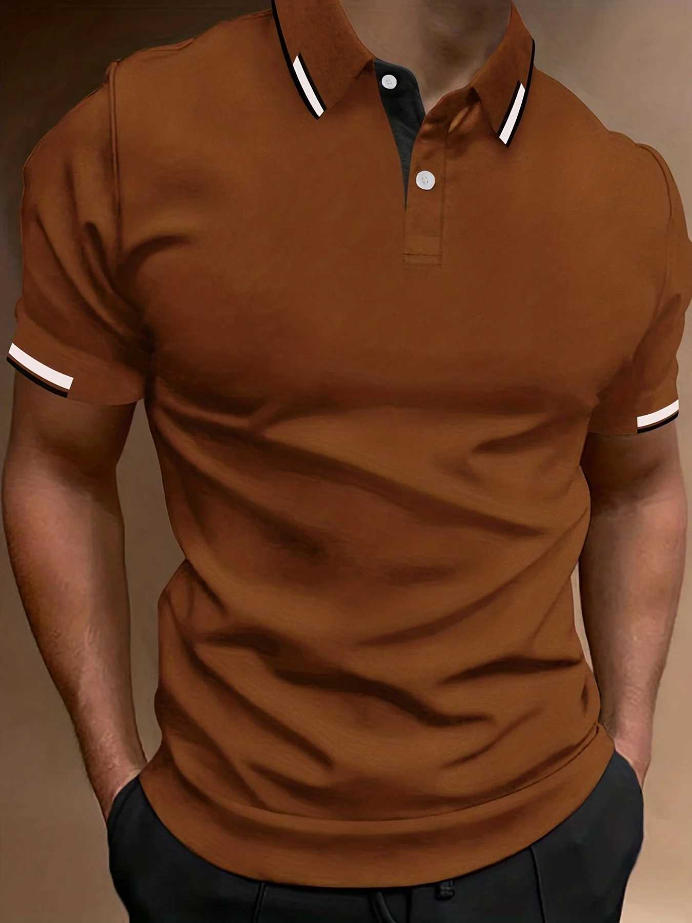 Mens Contrast Binding Short Sleeve Golf Polo Shirt Male Tops For Summer Outdoor Business Casual Short Sleeve Button Polo TshirtX240920