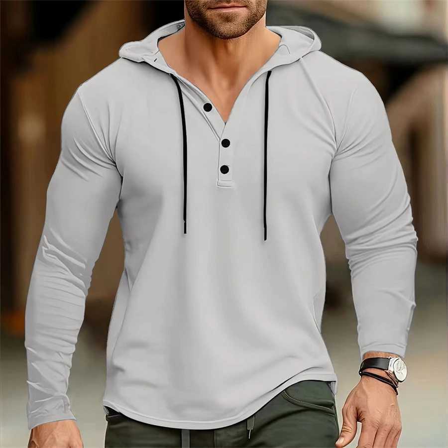 Mens hooded T-shirt Gym Clothing Fitness Long sleeve hoodies Cotton Singlets Men Joggers T-shirt Bodybuilding casual ClothingX240919