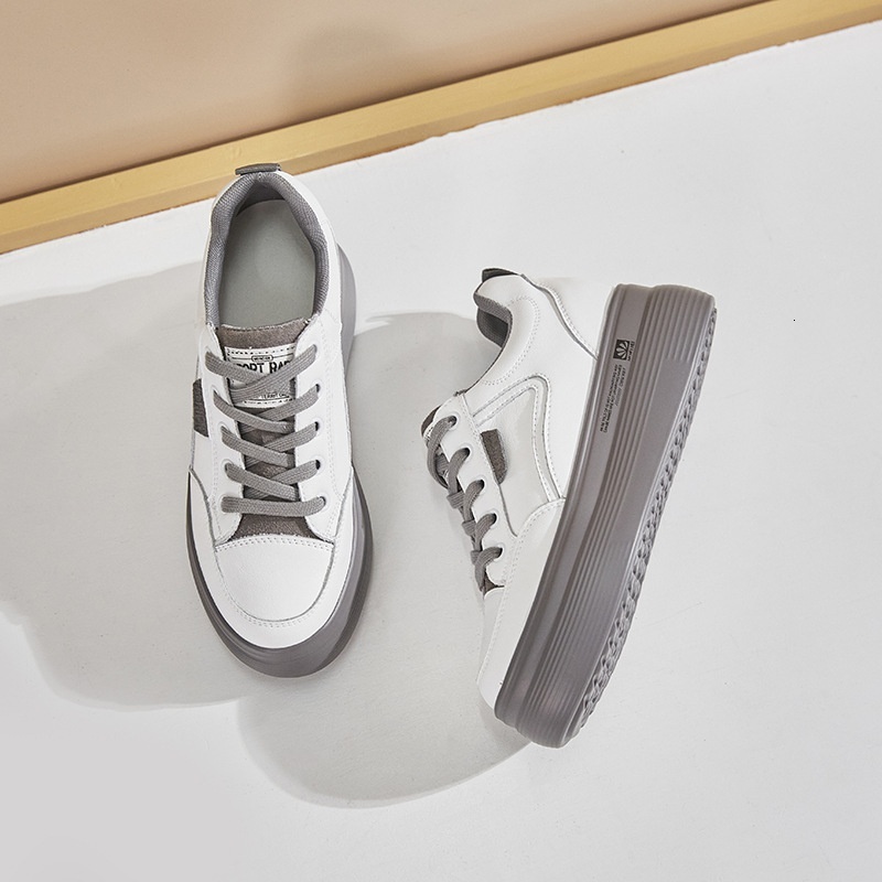 Genuine leather white women, 2024 autumn new versatile thick soled sponge cake with increased height breathable sports and leisure board shoes for wom