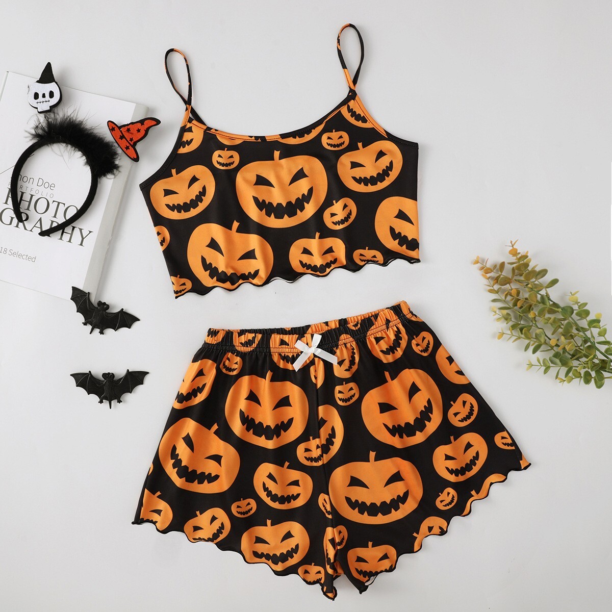 Temu style Halloween pajamas pumpkin print set sexy suspender home outfit