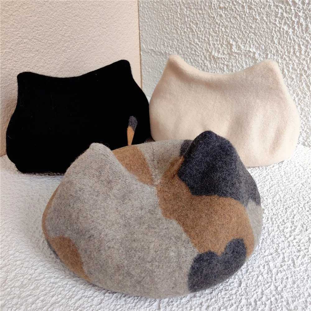 New Fashion Cute Girls Kawaii Cat Ear Beret Sweet Lolita Headwear Purple Beanies Hat Handmade Wool Felt Women Beret WholesaleX240919