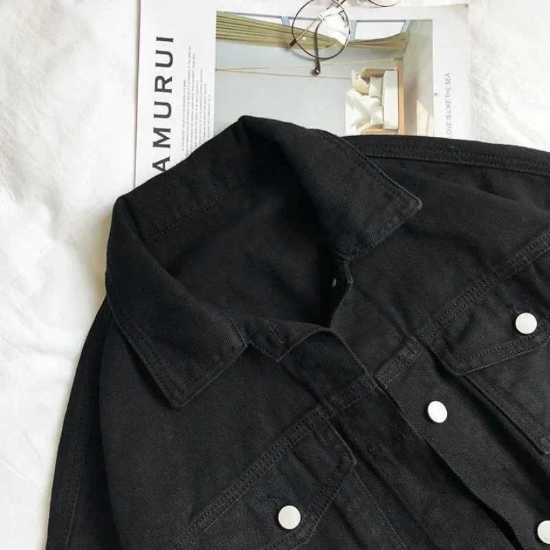 Black Denim Jacket Womens Loose Fit Korean Style 2024 Autumn New Bf Wind Hong Kong Flavor Casual Top JacketX240920