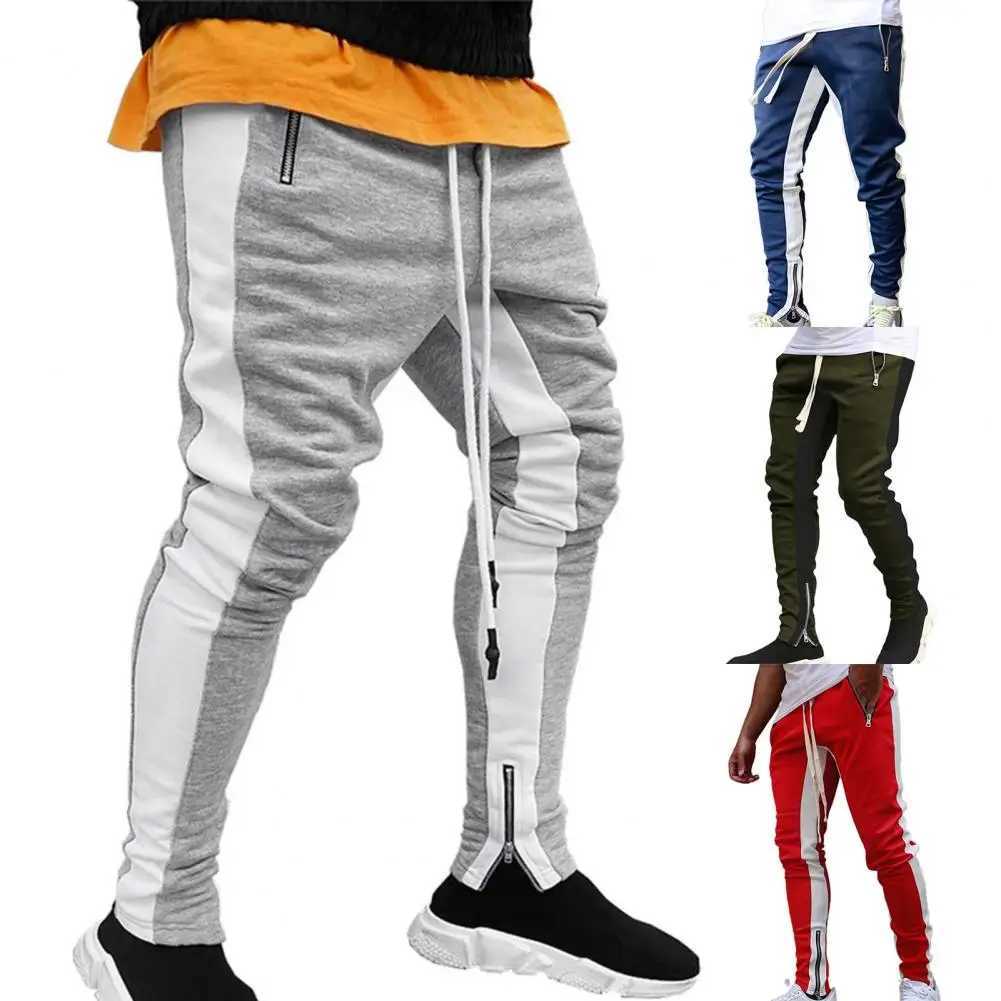 Mens sports jogging pants with zipper splicing work and leisure splicing pants fitness sole tight fitting sports pants W240919