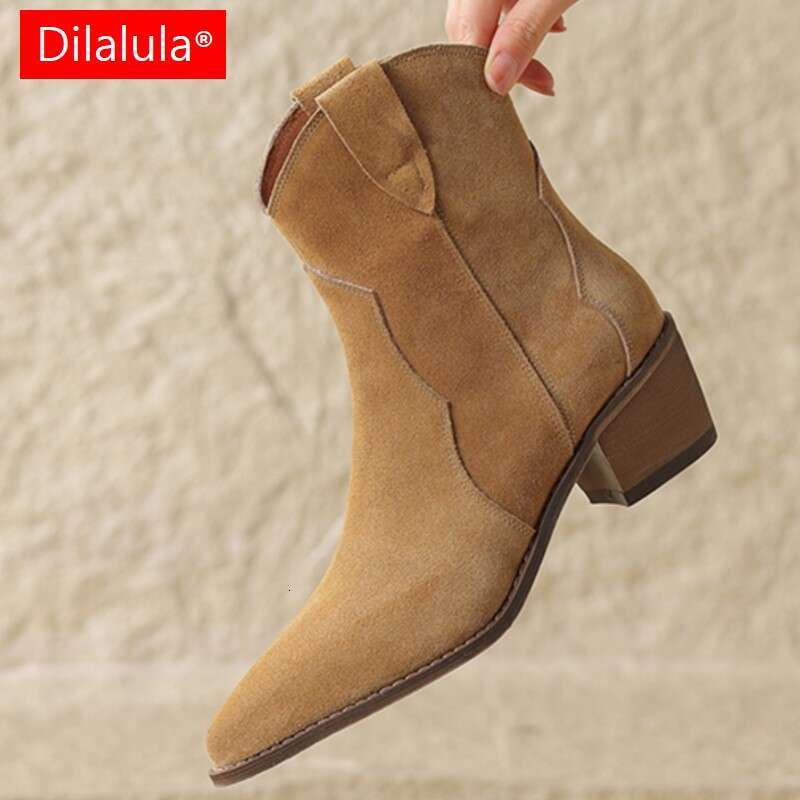 Dilalula Genuine Leather Women Cow Suede Pointed Toe Med Thick Heels Slip On Short Boots Female Autumn 2024