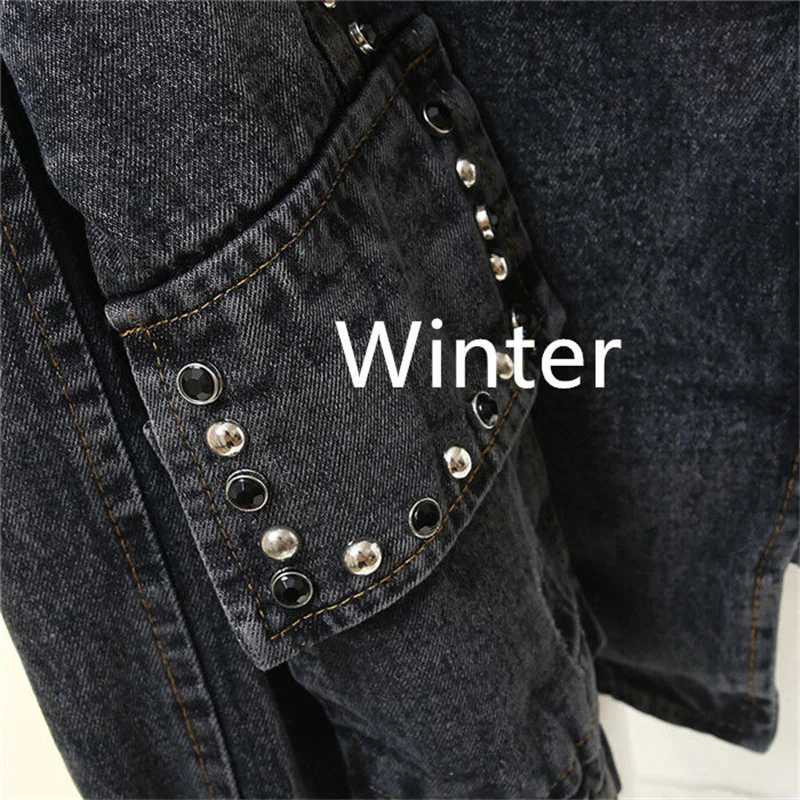Turn-down Collar Nail Bead Denim Jacket Women Loose Zipper Outwear Jean Coat Female Spring And Autumn Jacket Blue Black JacketsX240920