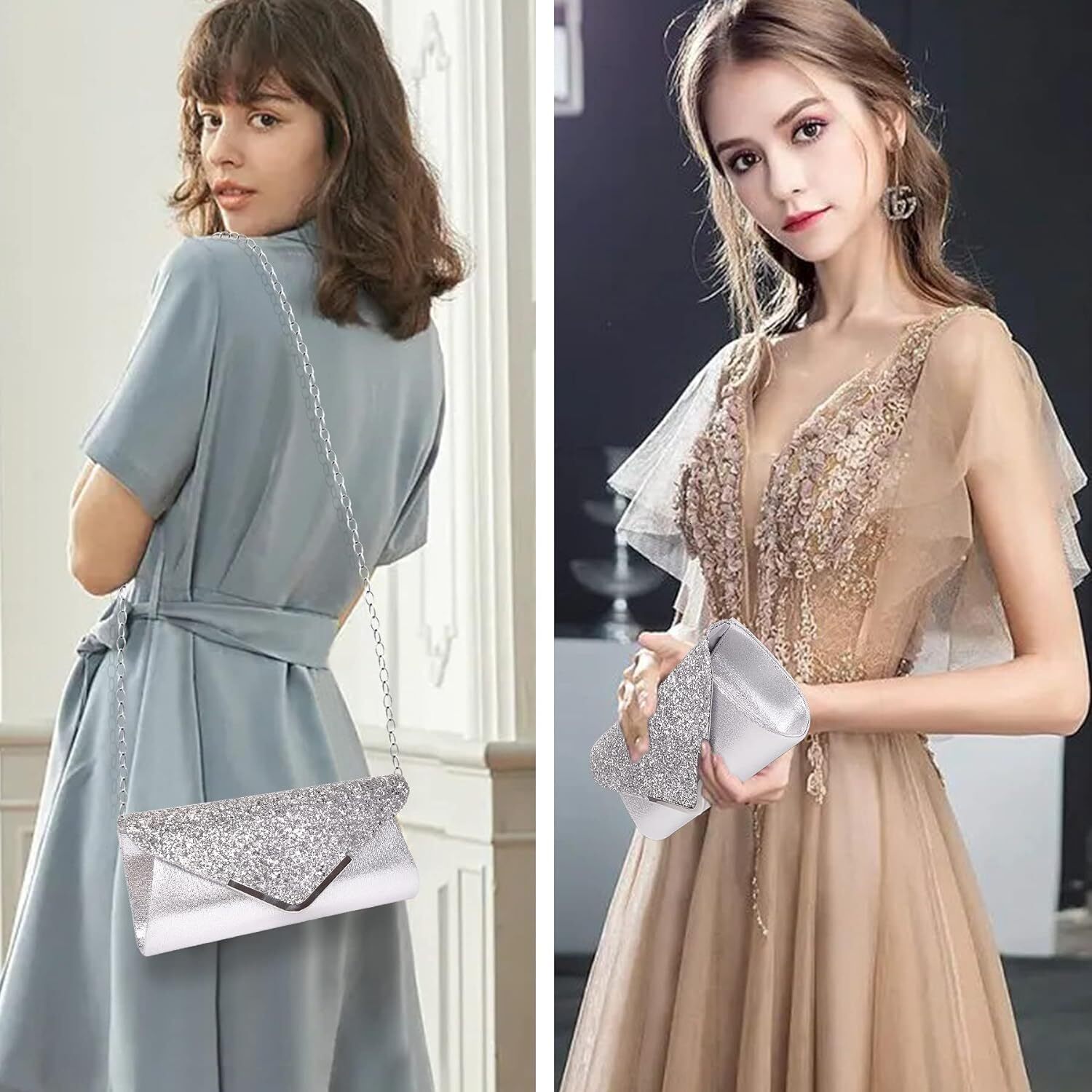 Women's Handbag - Shoulder Bag Chain Pochette woman elegant ceremony small handbag Clutch Black gold pink blue black evening suede fabric